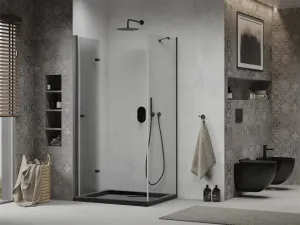 MEXEN/S - Lima sprchovací kút zalamovacie dvere 100 x 90, transparent, čierny + Flat čierna vanička so sifónom 856-100-090-70-00-4070B