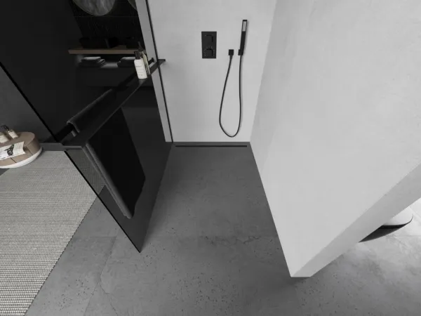 MEXEN/S - KIOTO Sprchová zástena WALK-IN s poličkou a držiakom uterákov 70 x 200, grafit 8 mm, čierna 800-070-121-70-40