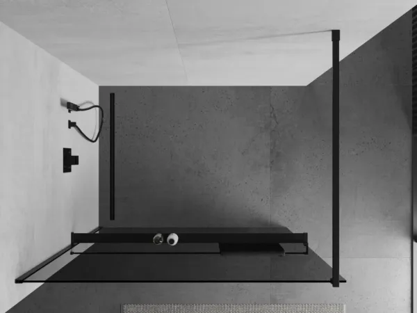 MEXEN/S - KIOTO Sprchová zástena WALK-IN s poličkou a držiakom uterákov 90 x 200, grafit 8 mm, čierna 800-090-121-70-40