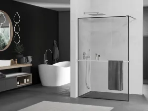MEXEN/S - KIOTO Sprchová zástena WALK-IN s poličkou a držiakom uterákov 80 x 200, transparent/čierna 8 mm, chróm 800-080-121-01-70