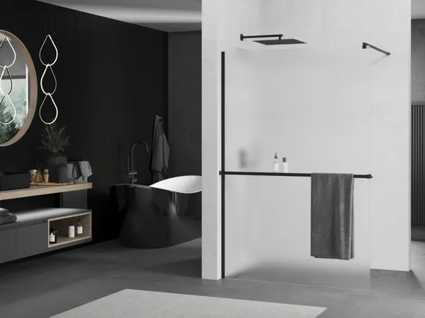 MEXEN/S - KIOTO Sprchová zástena WALK-IN s poličkou a držiakom uterákov 120 x 200, matné sklo 8 mm, čierna 800-120-121-70-30