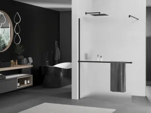 MEXEN/S - KIOTO Sprchová zástena WALK-IN s poličkou a držiakom uterákov 120 x 200, matné sklo 8 mm, čierna 800-120-121-70-30