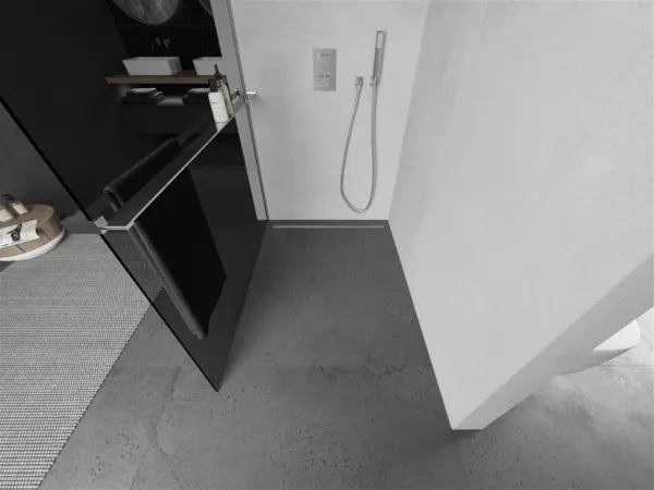 MEXEN/S - KIOTO Sprchová zástena WALK-IN s poličkou a držiakom uterákov 100 x 200, grafit 8 mm, chróm 800-100-121-01-40