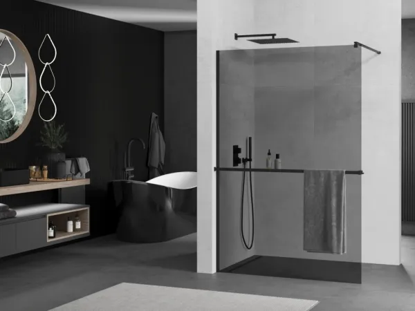MEXEN/S - KIOTO Sprchová zástena WALK-IN s poličkou a držiakom uterákov 70 x 200, grafit 8 mm, čierna 800-070-121-70-40