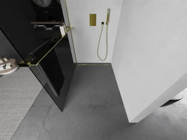 MEXEN/S - KIOTO Sprchová zástena WALK-IN s poličkou a držiakom uterákov 90 x 200, grafit 8 mm, zlatá 800-090-121-50-40