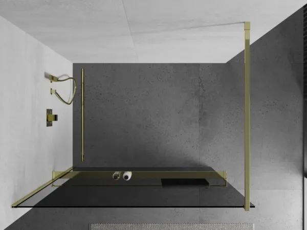 MEXEN/S - KIOTO Sprchová zástena WALK-IN s poličkou a držiakom uterákov 120 x 200, grafit 8 mm, zlatá 800-120-121-50-40