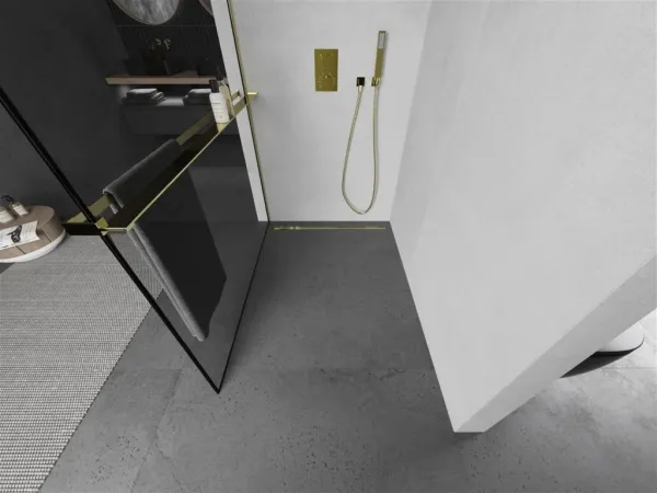 MEXEN/S - KIOTO Sprchová zástena WALK-IN s poličkou a držiakom uterákov 70 x 200, transparent 8 mm, čierna 800-070-121-50-70