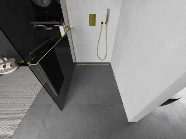 MEXEN/S - KIOTO Sprchová zástena WALK-IN s poličkou a držiakom uterákov 70 x 200, grafit 8 mm, zlatá 800-070-121-50-40