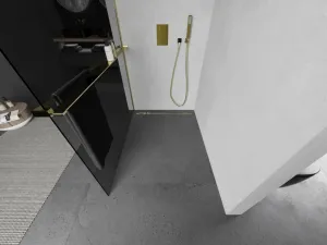 MEXEN/S - KIOTO Sprchová zástena WALK-IN s poličkou a držiakom uterákov 70 x 200, grafit 8 mm, zlatá 800-070-121-50-40