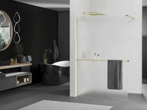 MEXEN/S - KIOTO Sprchová zástena WALK-IN s poličkou a držiakom uterákov 120 x 200, matné sklo 8 mm, zlatá 800-120-121-50-30