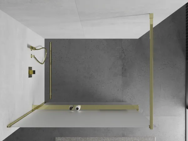 MEXEN/S - KIOTO Sprchová zástena WALK-IN s poličkou a držiakom uterákov 120 x 200, matné sklo 8 mm, zlatá 800-120-121-50-30