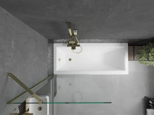 MEXEN/S - Cubik obdĺžniková vaňa 150 x 70 cm s panelom + vaňová zástena 80, transparent, zlatá 550315070X9508000050