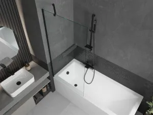MEXEN/S - Cubik obdĺžniková vaňa 160 x 70 cm s panelom + vaňová zástena 80, transparent, čierna 550316070X9508000070