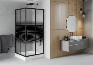 MEXEN/S - Rio sprchovací kút štvorec 90 x 90, pruhy, čierny + vanička Rio vrátane výpuste 860-090-090-70-20-4510