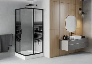 MEXEN/S - Rio sprchovací kút štvorec 90 x 90, pruhy, čierny + vanička Rio vrátane výpuste 860-090-090-70-20-4510
