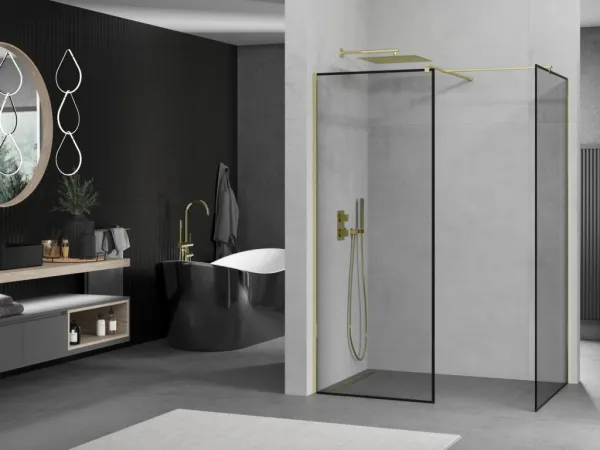 MEXEN/S - Kioto Sprchová zástena Walk-in 100 x 80, čierny vzor, zlatá 800-100-202-50-70-080