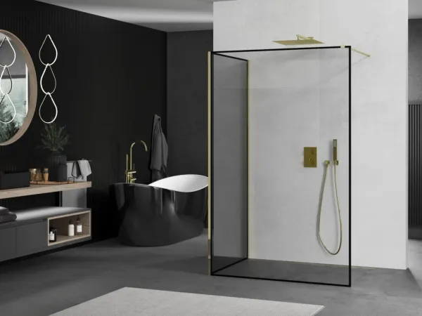 MEXEN/S - Kioto Sprchová zástena WALK-IN 100 x 80, čierny vzor, zlatá 800-100-212-50-70-080