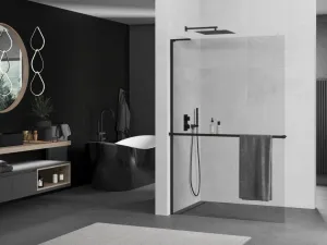 MEXEN/S - Kioto+ L Sprchová zástena WALK-IN s poličkou a držiakom uterákov 75 x 200, transparent, čierna 800-075-123-70-00