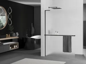 MEXEN/S - Kioto+ L Sprchová zástena WALK-IN s poličkou a držiakom uterákov 120 x 200, dekor, čierna 800-120-123-70-30