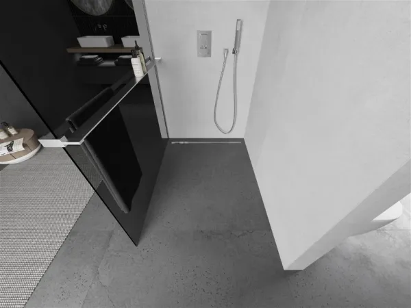 MEXEN/S - Kioto+ L Sprchová zástena WALK-IN s poličkou a držiakom uterákov 80 x 200, grafit, chróm 800-080-123-01-40