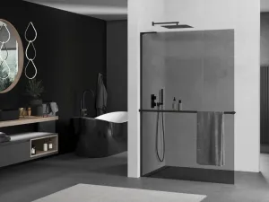 MEXEN/S - Kioto+ L Sprchová zástena WALK-IN s poličkou a držiakom uterákov 90 x 200, grafit, čierna 800-090-123-70-40