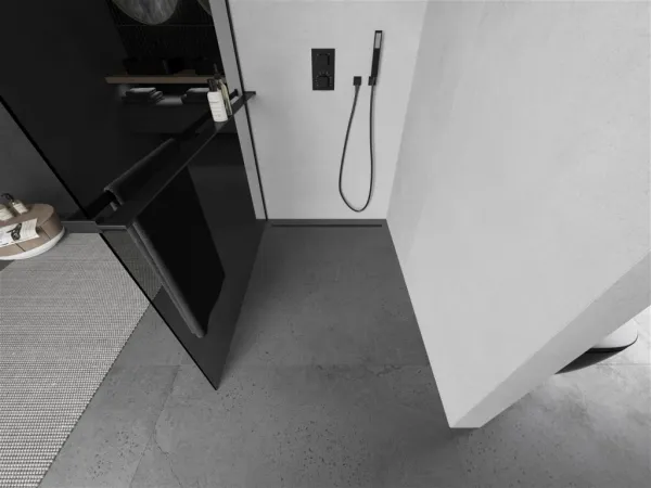 MEXEN/S - Kioto+ L Sprchová zástena WALK-IN s poličkou a držiakom uterákov 90 x 200, grafit, čierna 800-090-123-70-40