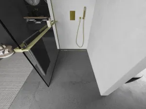 MEXEN/S - Kioto+ Sprchová zástena s poličkou WALK-IN 100 x 200, čierna vzor, zlatá kartáčovaná 800-100-121-55-70