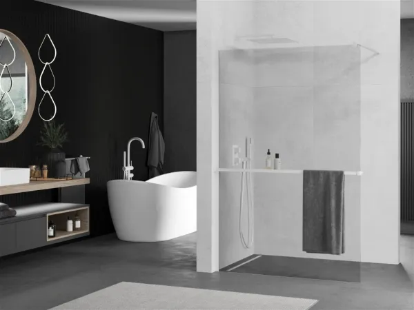 MEXEN/S - Kioto+ Sprchová zástena WALK-IN s poličkou a držiakom uterákov 85 x 200, transparent, biela 800-085-121-20-00