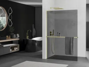 MEXEN/S - Kioto+ L Sprchová zástena WALK-IN s poličkou a držiakom uterákov 90 x 200, grafit, zlatá 800-090-123-50-40