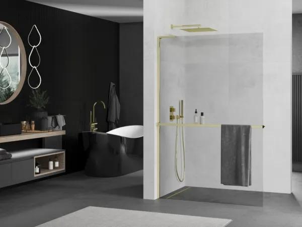 MEXEN/S - Kioto+ L Sprchová zástena WALK-IN s poličkou a držiakom uterákov 85 x 200, transparent, zlatá 800-085-123-50-00