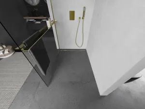 MEXEN/S - Kioto+ L Sprchová zástena WALK-IN s poličkou a držiakom uterákov 85 x 200, transparent, zlatá 800-085-123-50-00