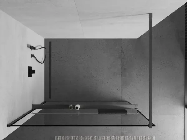 MEXEN/S - Kioto+ Sprchová zástena s poličkou WALK-IN 100 x 200, čierna vzor, grafit kartáčovaná 800-100-121-66-70