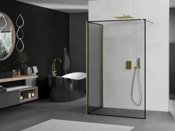 MEXEN/S - Kioto Sprchová zástena WALK-IN 110 x 100, čierny vzor, zlatá kartáčovaná 800-110-212-55-70-100