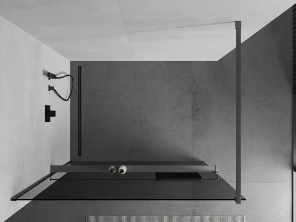 MEXEN/S - Kioto+ Sprchová zástena WALK-IN s poličkou a držiakom uterákov 70 x 200, grafit, grafit metal 800-070-121-95-40
