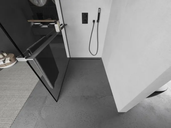 MEXEN/S - Kioto+ Sprchová zástena s poličkou WALK-IN 100 x 200, čierna vzor, grafit metal 800-100-121-95-70