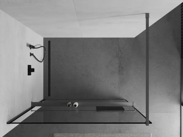 MEXEN/S - Kioto+ Sprchová zástena s poličkou WALK-IN 100 x 200, čierna vzor, grafit metal 800-100-121-95-70