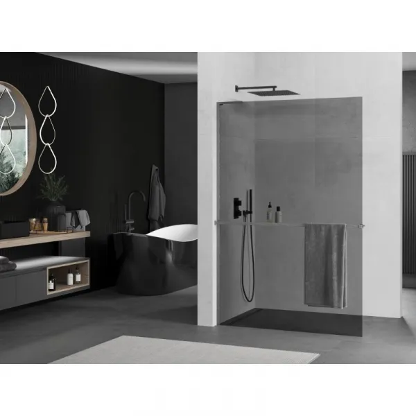 MEXEN/S - Kioto+ L Sprchová zástena WALK-IN s poličkou a držiakom uterákov 100 x 200, grafit, grafit kartáčovaná 800-100-123-66-40