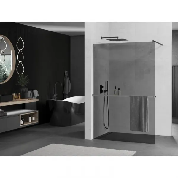 MEXEN/S - Kioto+ L Sprchová zástena WALK-IN s poličkou a držiakom uterákov 90 x 200, grafit, grafit metal 800-090-123-95-40