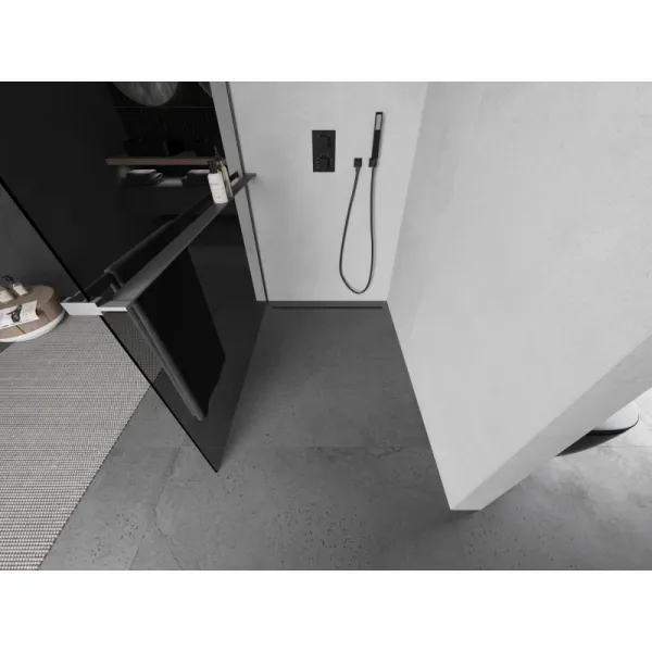 MEXEN/S - Kioto+ L Sprchová zástena WALK-IN s poličkou a držiakom uterákov 90 x 200, grafit, grafit metal 800-090-123-95-40