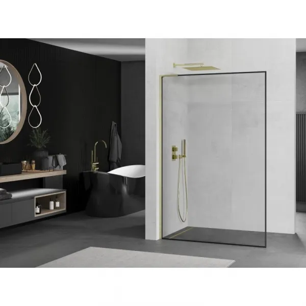 MEXEN/S - Kioto L Sprchová zástena WALK-IN 90 x 200, čierny vzor, zlato kartáčovaná 800-090-103-55-70