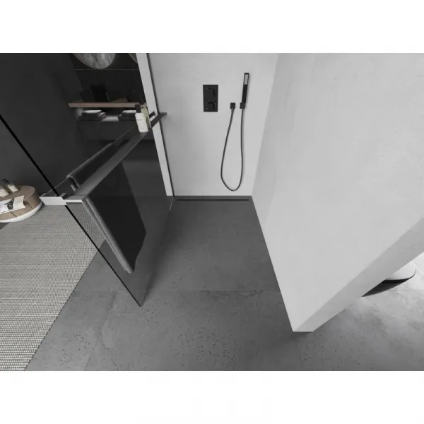 MEXEN/S - Kioto+ L Sprchová zástena WALK-IN s poličkou a držiakom uterákov 95 x 200, transparent, grafit metal 800-095-123-95-00