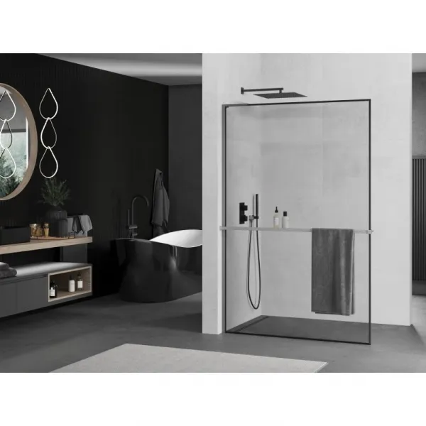 MEXEN/S - Kioto+ L Sprchová zástena WALK-IN s poličkou a držiakom uterákov 80 x 200, čierny vzor, grafit metal 800-080-123-95-70