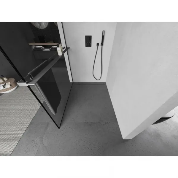 MEXEN/S - Kioto+ L Sprchová zástena WALK-IN s poličkou a držiakom uterákov 100 x 200, čierny vzor, grafit metal 800-100-123-95-70