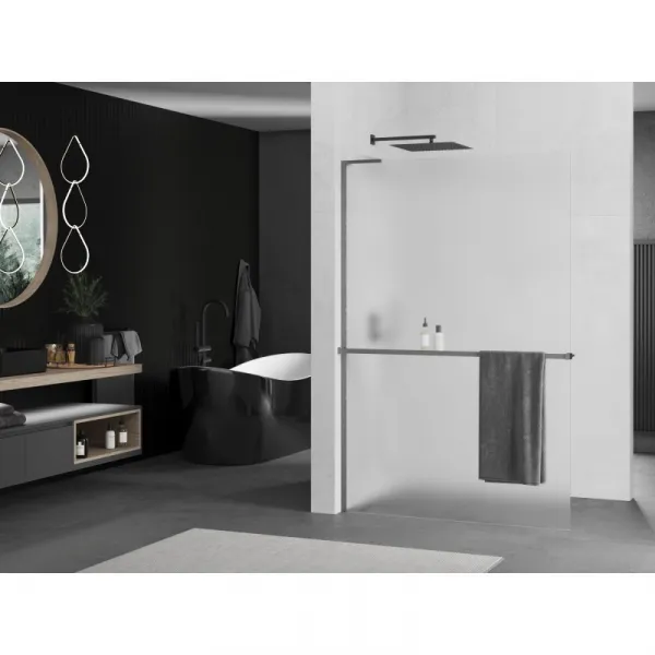 MEXEN/S - Kioto+ L Sprchová zástena WALK-IN s poličkou a držiakom uterákov 120 x 200, dekor, grafit metal 800-120-123-95-30