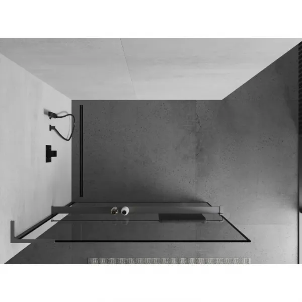 MEXEN/S - Kioto+ L Sprchová zástena WALK-IN s poličkou a držiakom uterákov 100 x 200, čierny vzor, grafit metal 800-100-123-95-70