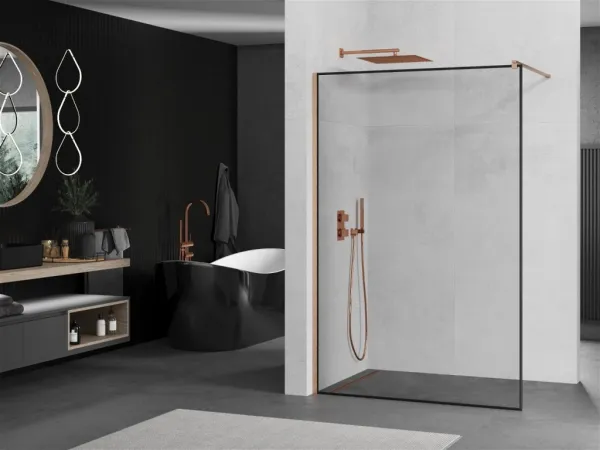 MEXEN/S - Kioto Sprchová zástena WALK-IN 70 x 200, čierny vzor 8 mm, meď kartáčovaná 800-070-101-65-70