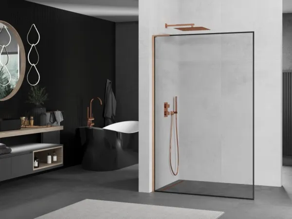 MEXEN/S - Kioto L Sprchová zástena WALK-IN 80 x 200, čierny vzor, meď kartáčovaná 800-080-103-65-70