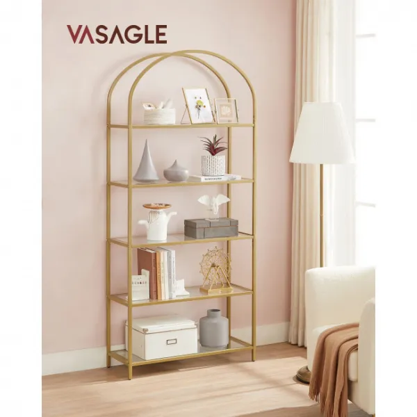 VASAGLE Priemyselný sklenený regál 83x30,2x183,5cm zlatý číry