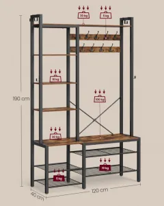 VASAGLE Vešiak do predsiene s držiakom na topánky a policami 120 x 190 x 40 cm hnedý
