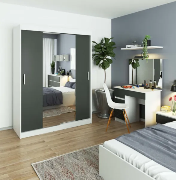 Ak furniture Šatníková skriňa posuvná 150 cm CLP so zrkadlom biela/grafit
